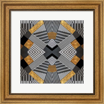 Framed Geo Stripes in Gold &amp; Black I Print