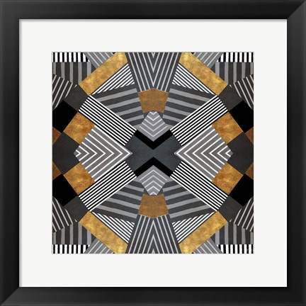 Framed Geo Stripes in Gold &amp; Black I Print