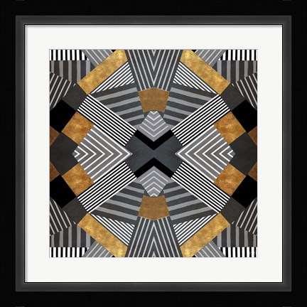 Framed Geo Stripes in Gold &amp; Black I Print