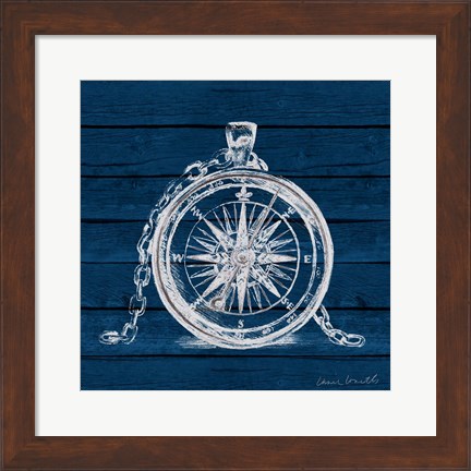 Framed Compass on Blue Wood Print