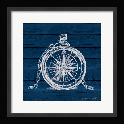 Framed Compass on Blue Wood Print