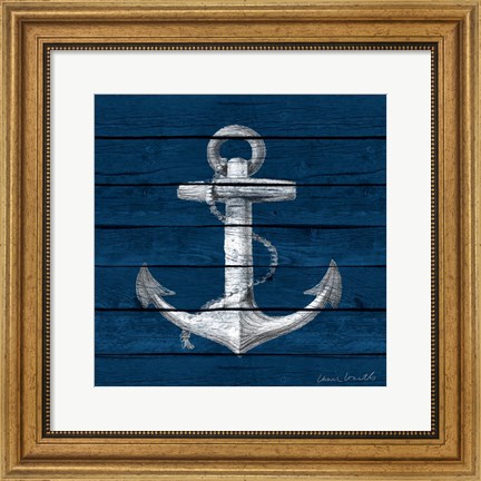 Framed Anchor on Blue Wood Print