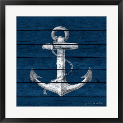 Framed Anchor on Blue Wood Print