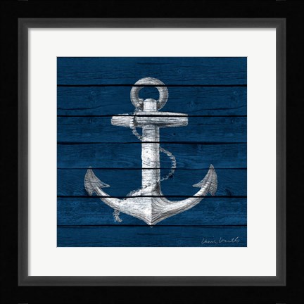 Framed Anchor on Blue Wood Print