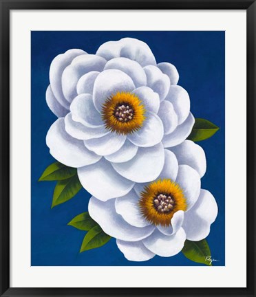 Framed White Flowers on Blue I Print