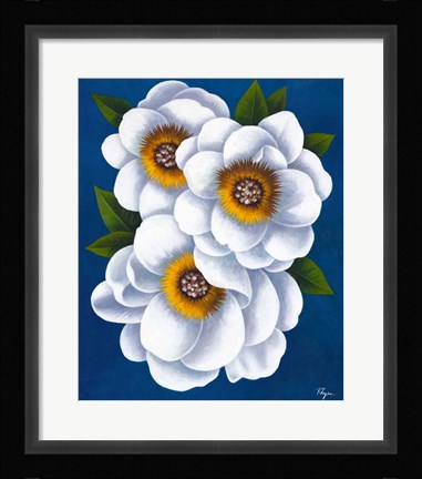 Framed White Flowers on Blue II Print