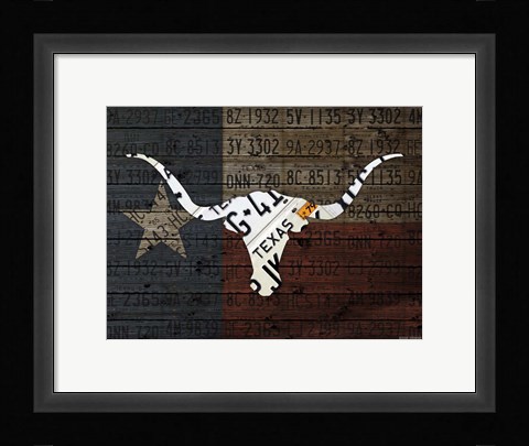 Framed Longhorn Art With Flag Print