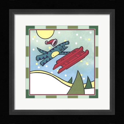 Framed Max Cat Sledding 1 Print