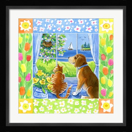 Framed Spring Cat And Dog Print