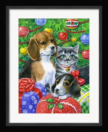 Framed Puppies and Kitten Under the Tree Print