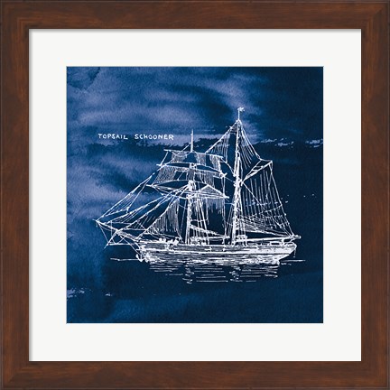 Framed Sailing Ships V Indigo Print