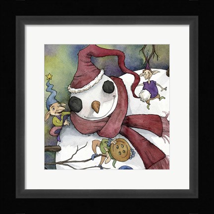 Framed Snowman and Elves Print