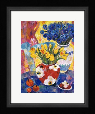Framed Redvase Of Yellow Tulips Print