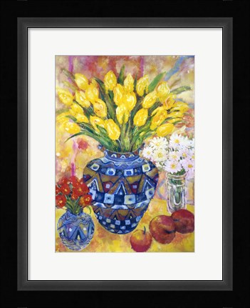 Framed Yellow Tulips In A Blue &amp; Gold Pot Print