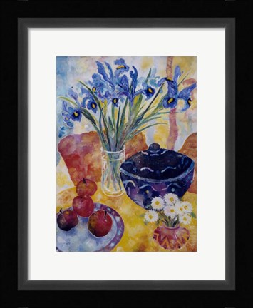 Framed Irises &amp; Dish Of Apples Print