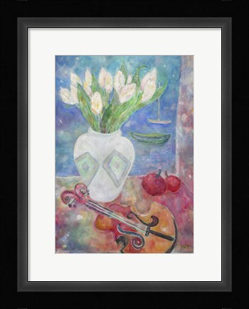 Framed Violin With Flowers Print