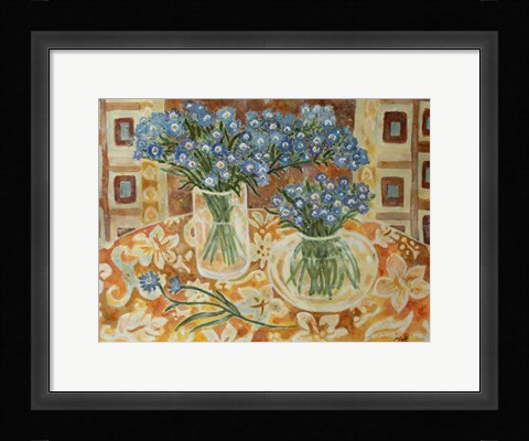 Framed Blue Bouquet On A Gold Hawaiian Cloth Print