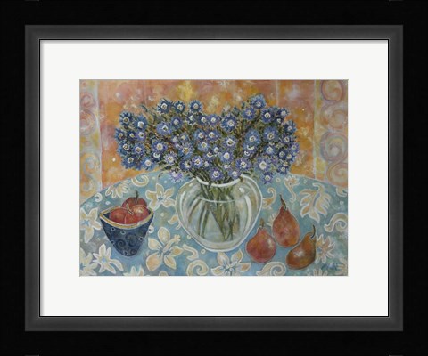 Framed Blue Flowers On A Hawaiian Cloth Print