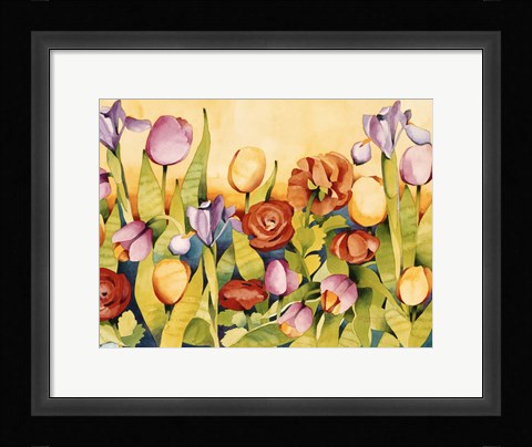 Framed Iris &amp; Tulips/ Yellow Background Print