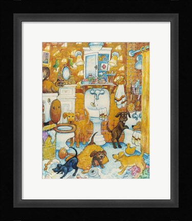 Framed Orange Bathroom Pups Print