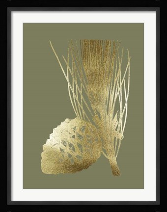 Framed Gold Foil Pine Cones I on Mid Green Print