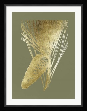 Framed Gold Foil Pine Cones II on Mid Green Print