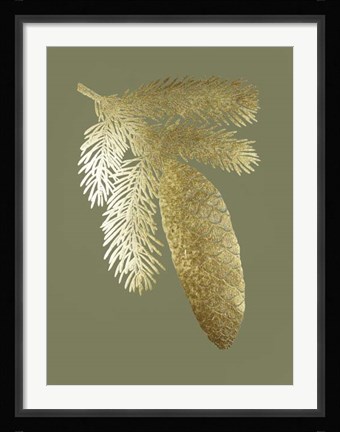 Framed Gold Foil Pine Cones IV on Mid Green Print