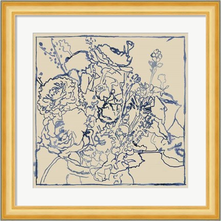 Framed Indigo Floral Sketch I Print