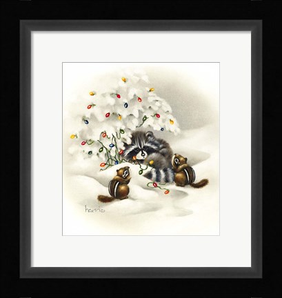 Framed Raccoon/ Chipmunks/ Christmas Lights Print
