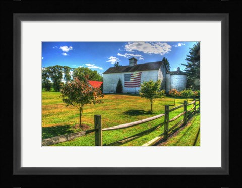 Framed White Barn And Flag Print