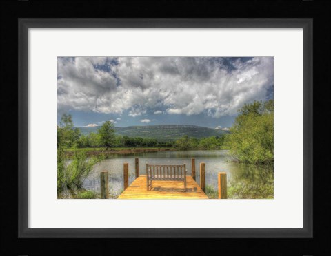 Framed Pond Bench Dock and Mountain Print