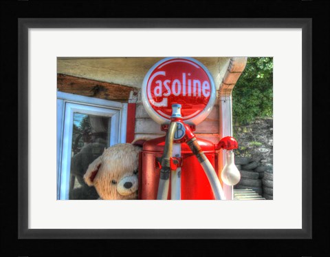 Framed Old Gas Pump and Teddy Print