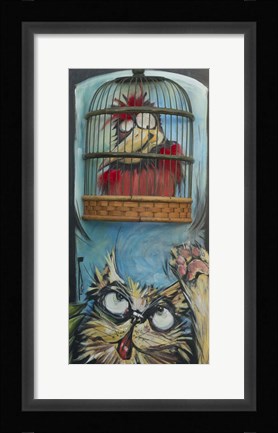 Framed Bird In Cage With Cat Print