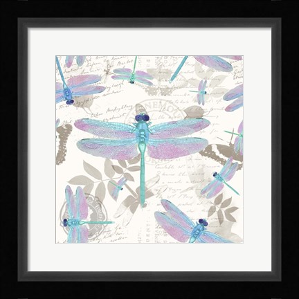 Framed Vintage Botanicals Dragonfly Pattern Aqua Print