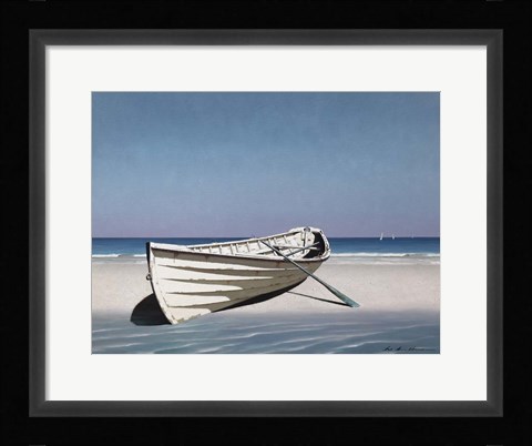 Framed White Boat On Beach Print