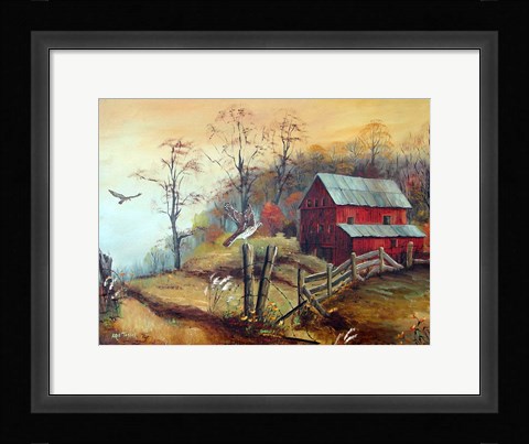 Framed Red Barn and The Hawk Print