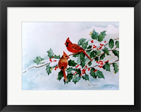 Framed Cardinals and Holly Berries Print