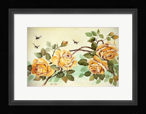 Framed Yellow Roses with Bees Print