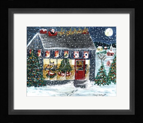 Framed Christmas Night Folk Art Santa Reindeer Print