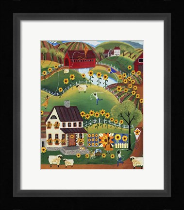 Framed Primitive Quilt Maker House Sunflower Print