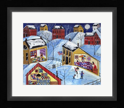 Framed Winter Moon Quilter Village Print