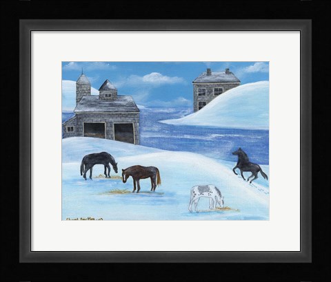 Framed Horses In Snow By River Folk Art Print