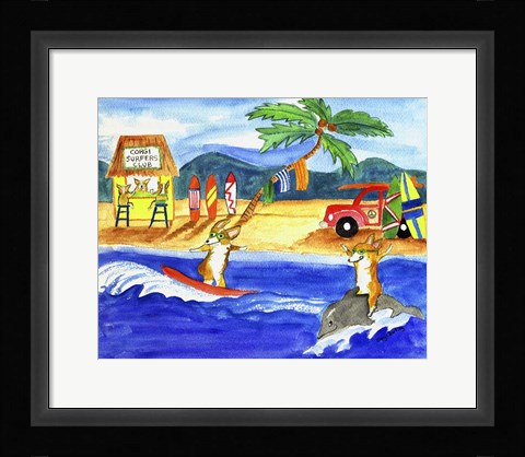 Framed Corgi Surfers Club Print