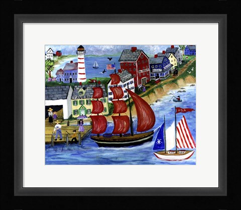 Framed Red Sails Folk Art Seaside Print