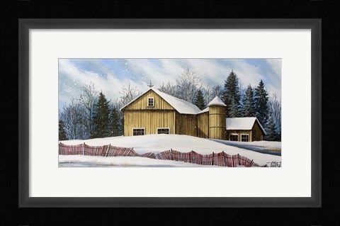 Framed Yellow Barn Winter 2 Print