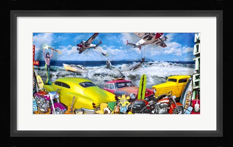 Framed Seaside Shark Surfing Print