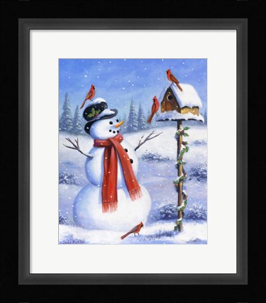 Framed Snowman &amp; Cardinals Print