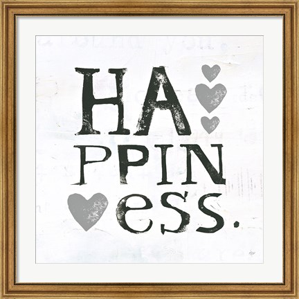 Framed Happiness Gray Hearts Print