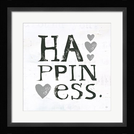 Framed Happiness Gray Hearts Print