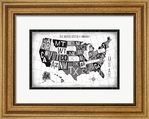 Framed Letterpress USA Map Dark Print